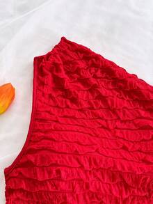 Soleia 度假风性感不对称肩带系带修身浅黄色女式上衣，适合派对、度假、音乐节、波西米亚风、假日约会、下午茶等场合。 - 紅色 - 查看 6