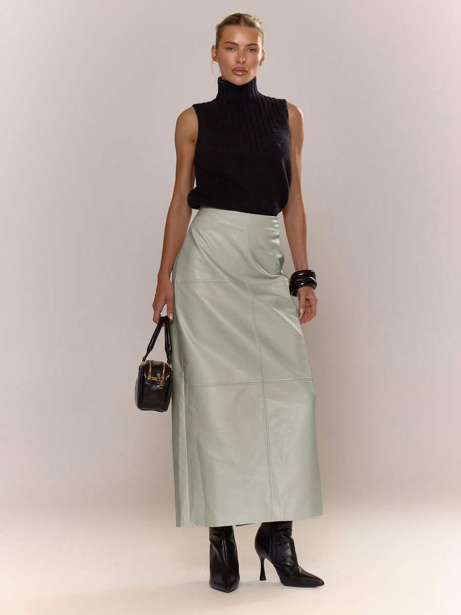 MUSERA Chân váy maxi dáng suông phối da giả, gợi cảm, thích hợp cho buổi tối đi chơi, phong cách đường phố dễ thương, thanh lịch, dự tiệc mùa hè. - Màu Xám nhạt - Xem 1