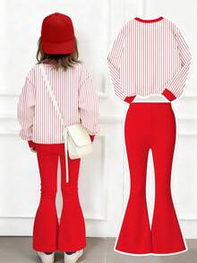 Áo nỉ dài tay cổ tròn in họa tiết sọc số cho bé gái và quần ống loe thường ngày - Nhiều màu - Xem 2