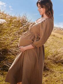 Boho Mama Quần áo bà bầu, Váy bầu, Quần áo bà bầu, Váy xanh đi nghỉ mát, Trang phục đi nghỉ mát cho nữ, Váy mùa hè, Váy kaki kẻ caro cho bà bầu, Váy bầu kẻ caro thắt nơ phía trước, Phần cổ áo có viền ren, Thiết kế rộng rãi, xếp ly đảm bảo sự thoải mái mà không gây cảm giác gò bó. - màu nâu - Xem 8