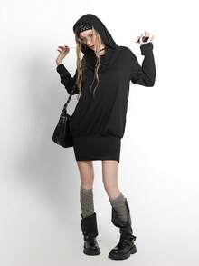 Bloopia Loose Fit Turtleneck Long Sleeve Women's Casual Dark Style Dress - Black - View 6