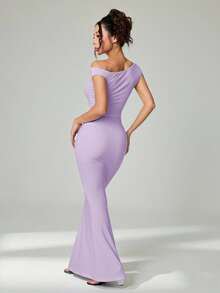 SHEIN PETITE 夏季服装、日常约会及旅行穿搭、派对穿搭、优雅女士内衣、外出穿搭、斜肩不对称超长鱼尾连衣裙、夜店女士穿搭、约会穿搭、宴会礼服 - 淡紫色 - 查看 2