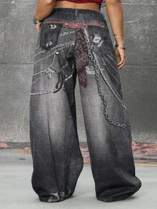 ROMWE EDITION Plus Size Women Loose Fit Chain Print Pocket Wide Leg Casual Jeans - Black - View 8