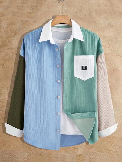 Manfinity VCAY قميص جاكيت من الكوردوروي بياقة متباينة بطراز عتيق عصري مناسب للرجال، ملابس كاجوال للشارع العالي، ملابس عودة إلى المدرسة في فصل الخريف، ملابس هالوين، قطعة واحدة