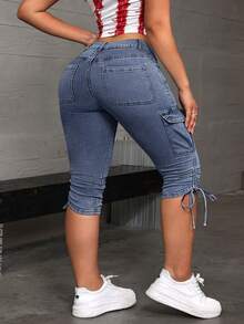 Jeanoix Plus Size Women's Cargo Pocket Drawstring Design Cropped Casual Jeans - Blue - View 3
