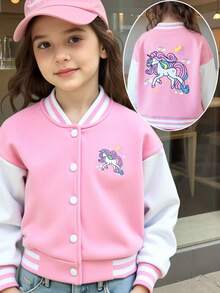 Elladie kids 女童可爱独角兽棒球外套，秋冬季 - 粉色 - 查看 1