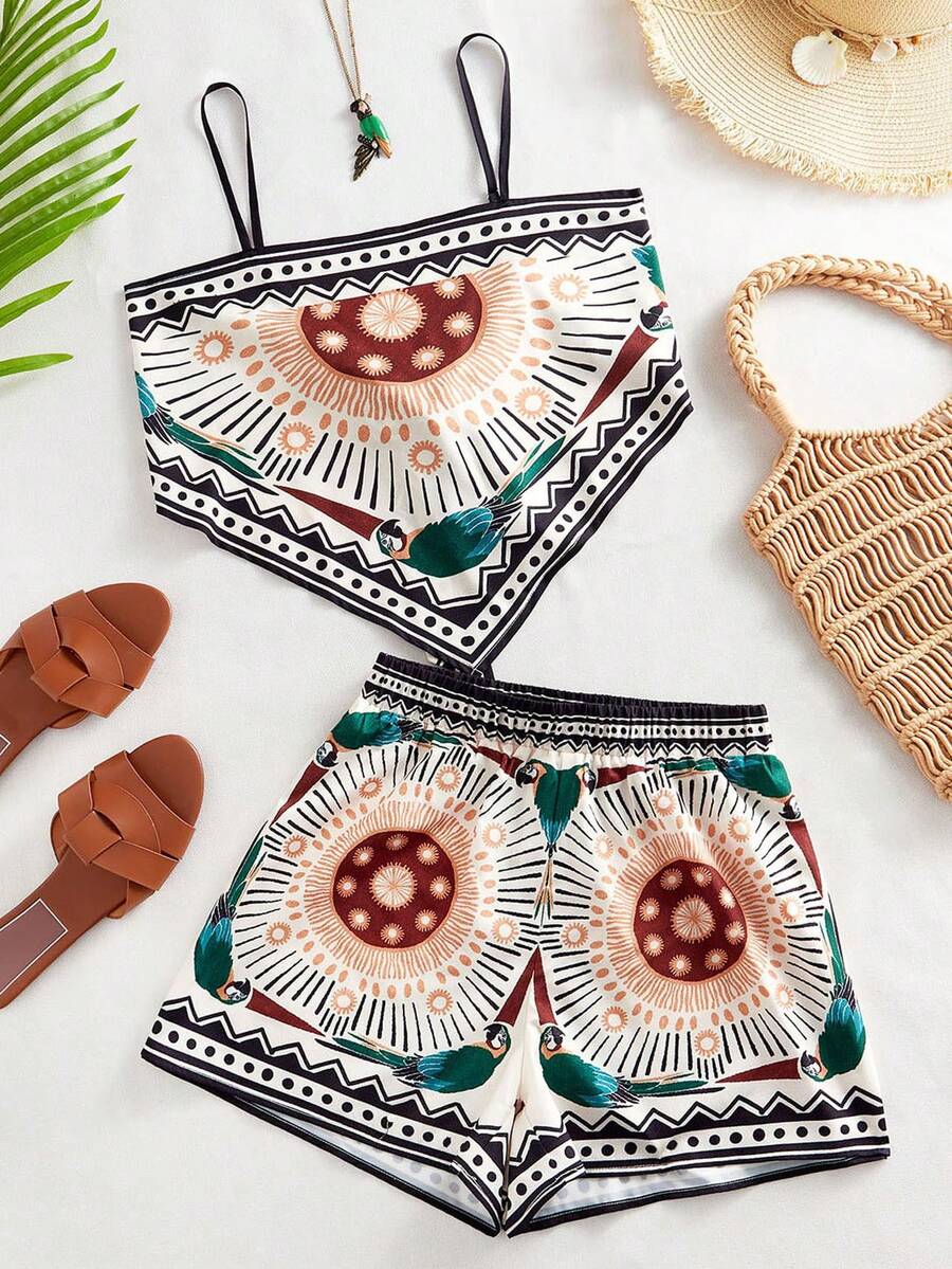 Travachic 女士鹦鹉印花不对称下摆吊带背心和松紧腰短裤，休闲度假装 - 彩色 - 查看 1