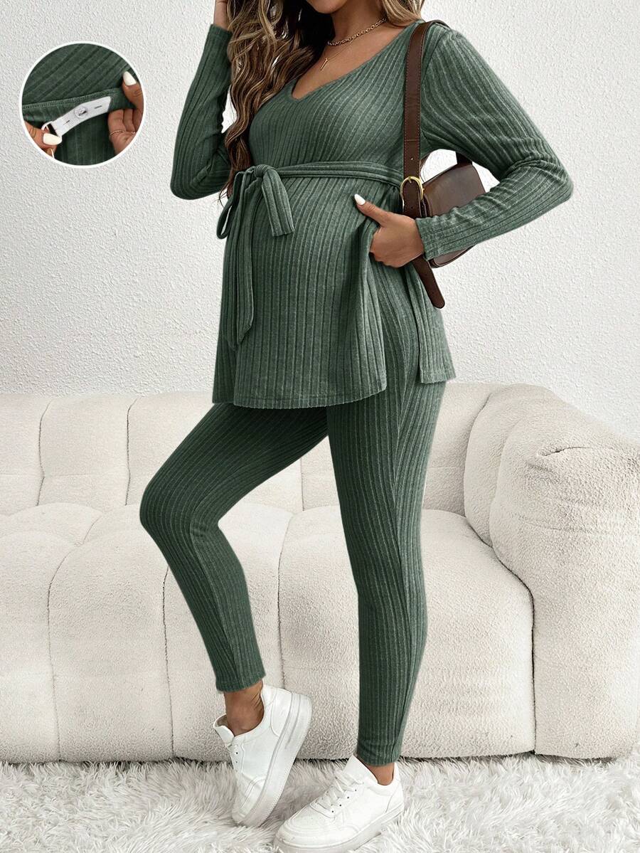 SHEIN 2pcs/Set Casual Maternity V-Neck Long Sleeve T-Shirt And Adjustable Waist Leggings, Comfortable Outfit Two Piece Set Women Comfy 2 Piece Lounge Sets Woman 2 Piece Casual Sets Woman Green 2 Piece Set Maternity Clothes Two Piece Suits - Green - View 1