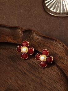 Glisma Boucles d'oreilles créoles pour femmes 18 K, tenues, gothique/goth, vieux argent, perles, bijoux western, métallique/texture, pierre précieuse, automne/hiver, pour maman/femme/fille/mère, premium, vintage, croix - Rouge - Voir 2