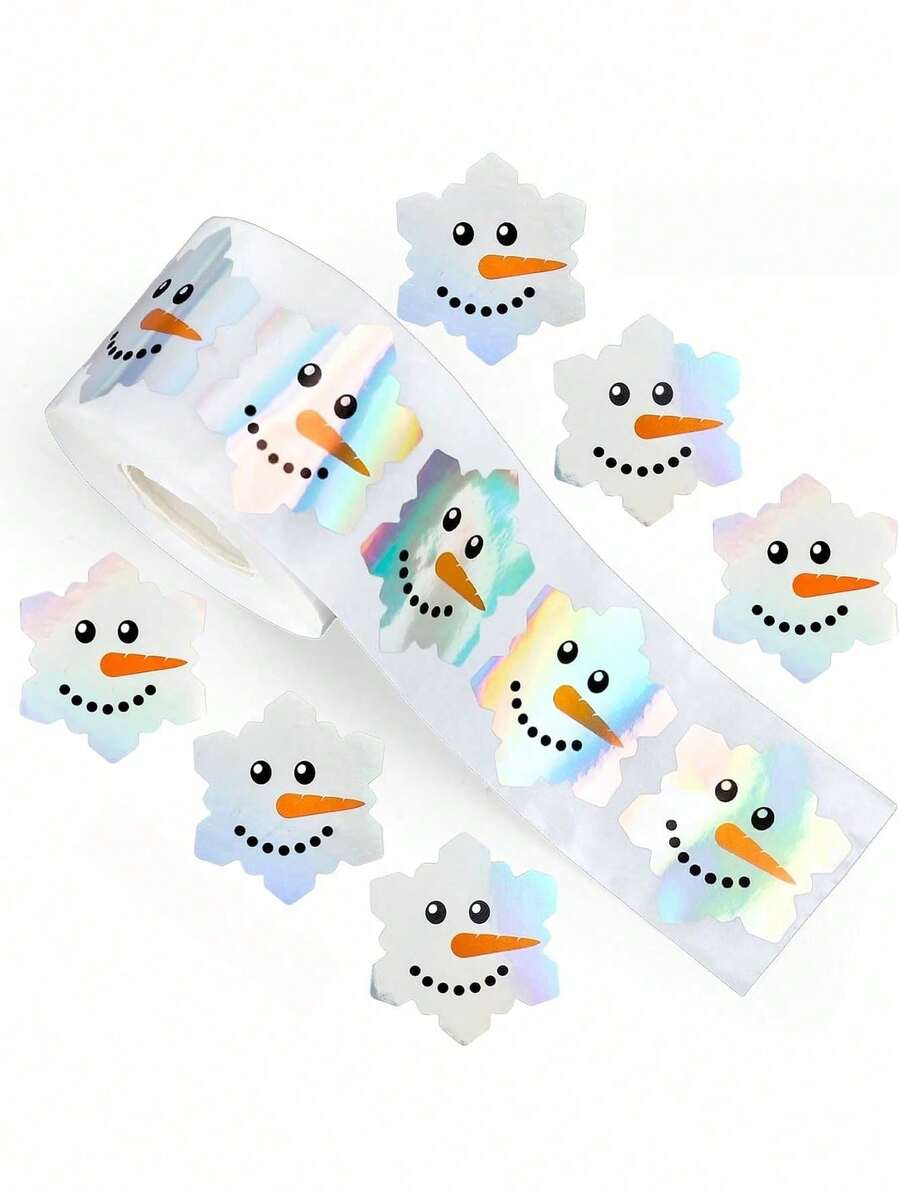 500pcs/Roll Holographic Laser Snowman Graffiti Stickers, Silver Laser Envelopes & Magazines Decorative, Holiday Party DIY Decor Supplies, Waterproof & Removable For Christmas, New Year,For School Supplies,Back To School - Multicolor - View 1