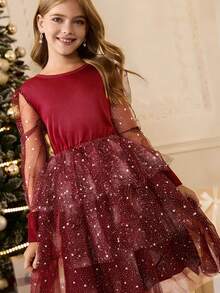 Vestido elegante negro de cuello redondo con malla de lentejuelas para niñas, adecuado para banquetes, fiestas, vacaciones, bodas, niña de las flores, bailes de graduación, Navidad, Halloween, graduación, regreso a la escuela y otras ocasiones - Burdeos - Ver 4
