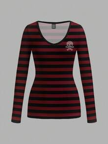 Attitoon 女士V领休闲简约百搭修身长袖T恤，适合机场穿着，条纹骷髅印花，春季款 - 白色 - 查看 2