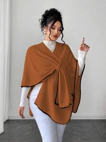 Elenzga 女士优雅宽松大码毛衣斗篷，适合秋冬季外套穿着 - 駝色 - 查看 3