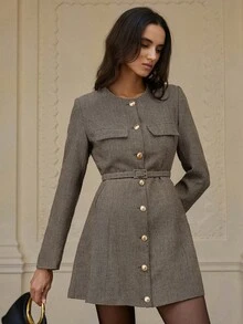 Aveloria Rosie 休闲经典系带人字纹长袖连衣裙 - 棕色 - 查看 2