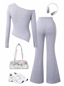 Teen Girls' Glittery "Los Angeles" Cold-Shoulder 2-Piece Set Stylish Gray Long-Sleeve Top (With Off-Shoulder Detail) + Wide-Leg Pants: Shimmer Fabric Adds Flair; "Los Angeles" Graphic Boosts Casual Coolness. Soft, Stretchy Material Ensures All-Day Comfort-Perfect For Mall Trips, School Events, Weekend Hangouts, Or Casual Parties; Versatile, Eye-Catching - Multicolor - View 2
