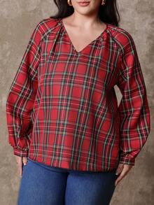 SHEIN LUNE Plus Size Women's Plaid V-Neck Raglan Sleeve Casual Shirt - Multicolor - View 5