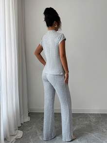 SHEIN PETITE 2pcs Women Casual Elegant Ribbed Short Sleeve Top And Pants Set - Grey - View 2