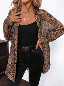 Editum Women's Elegant Leopard Print Chiffon Open Front Loose Long Sleeve Blouse,Long Sleeve Topselegantcasualgraphic Spring Summer Elegant Leopard - Multicolor - View 6