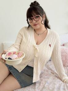 SHEIN EZwear Plus Size Red & White Christmas Bow Knit Cardigan, Soft & Comfortable, Suitable For Christmas, Holidays, Embroidered Women Cardigan Sweaters For Women Cardigan - Beige - View 12