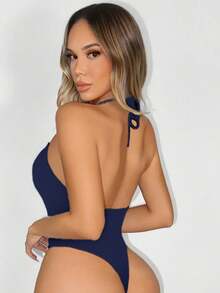 Sirith Women's Solid Color Sexy Seamless Knitted Deep V-Neck Halter Bodysuit Backless Style - Royal Blue - View 2