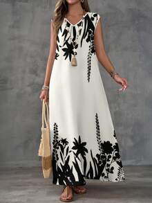 EMERY ROSE 女士V领碎花休闲度假派对短袖连衣裙，碎花连衣裙，白色女式连衣裙，适合日常穿着，夏季女装，休闲夏季连衣裙，女士连衣裙，夏季女士短裙，休闲女式连衣裙，度假连衣裙，波西米亚风，适合外出，时尚连衣裙，春季V领长裙，夏季女士长裙，休闲 - 彩色 - 查看 5