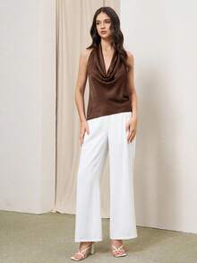 BizChic Women's Plunging Neck Backless Draped Neck Blouse, Suitable For Urban Commute, Business, Casual, Office Wear, Party, Gathering, Summer, Valentine's Day, Elegant