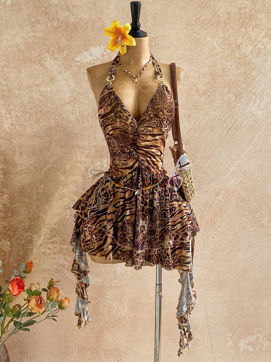 Soleia 浪漫度假风露背针织网纱蓝色印花连衣裙(女款) - 彩色 - 查看 1