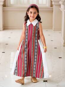 SHEIN White Summer Party Al-Adha Young Girl Vintage Floral Print A-Line Dress With Collar,Zipper Back - White - View 6