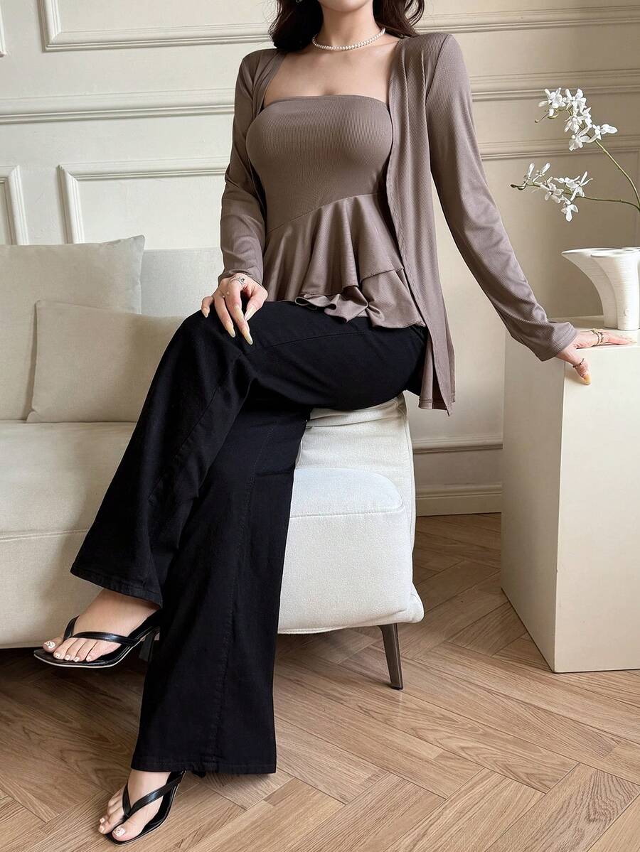 Feyla Conjunto de 2 piezas de mujer con chaqueta de unicolor elegante con dobladillo con volantes y top tubo, para otoño - Marrón - Ver 1