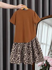 Girls' (Large) Spring/Summer Casual Commuter Elegant Three-Dimensional Bow Leopard Print Patchwork Knitted Round Neck Short Sleeve T-Shirt Dress Midi Dress - Brown - View 4