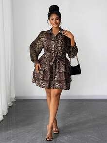 Maweii Vestido midi de mujer talla grande, elegante y vintage con cintura ceñida, estampado de leopardo y volantes en el bajo - Multicolor - Ver 5
