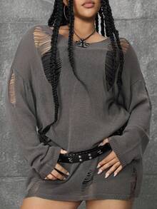 ROMWE Grunge Punk Áo chui đầu dệt kim mỏng vừa vặn cỡ lớn, đa năng cho mùa xuân - Màu xám đen - Xem 4
