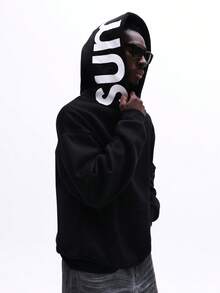 SUMWON Áo hoodie dài tay màu đen in chữ trắng nổi bật, kiểu dáng thường ngày năng động, phù hợp cho phong cách đường phố. - màu đen - Xem 1