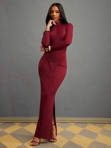 NYA SZN 配套套装（上衣和半裙）上衣长袖高领修身V领半裙高腰修身包臀酒红色节日庆典冬季春季圣诞节新年除夕光明节日常休闲商务休闲居家服针织罗纹针织女装 - 紅色 - 查看 4