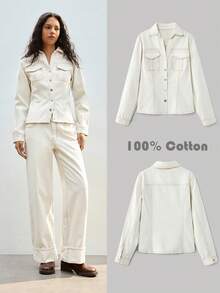 Maija 女士时尚休闲单排扣长袖牛仔衬衫 - 杏色 - 查看 4