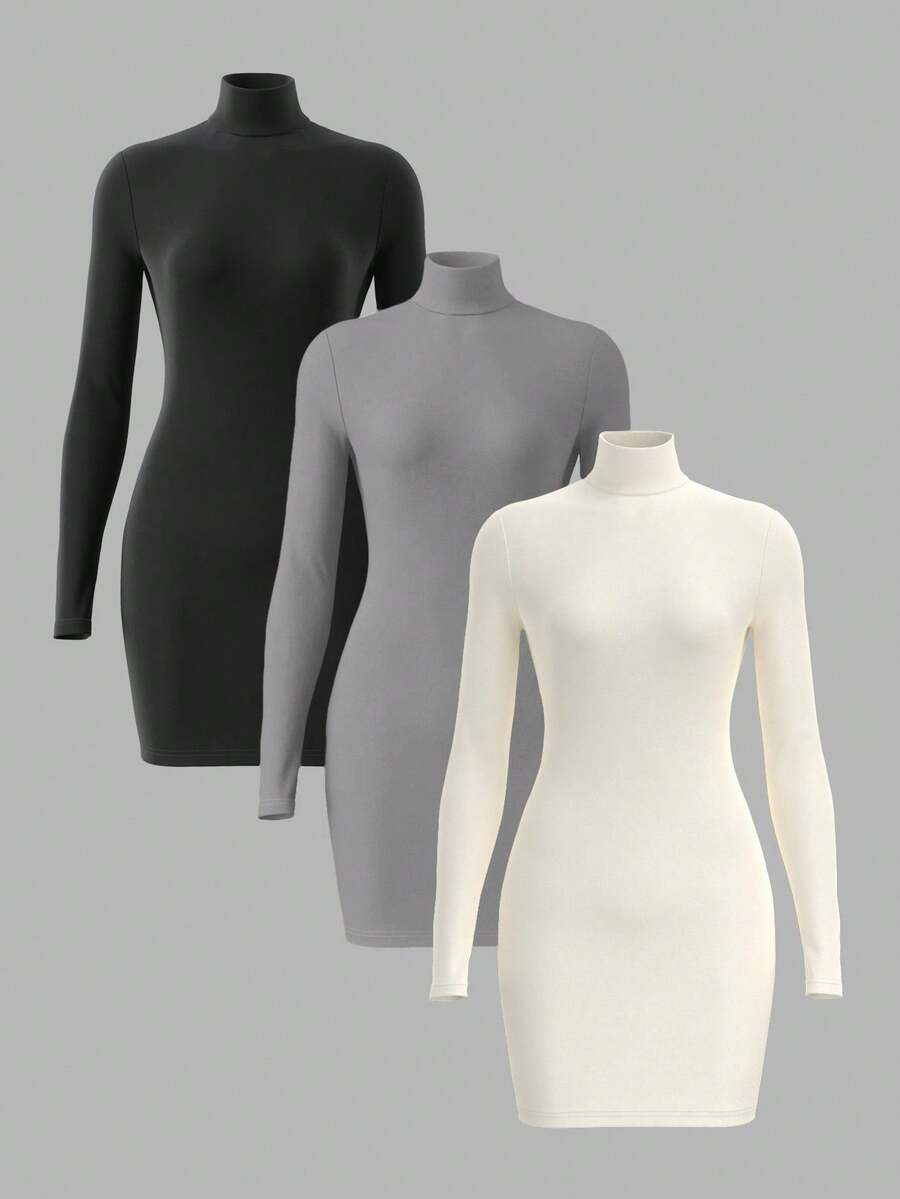 SHEIN BASICS 3件套纯色针织长袖修身高领迷你连衣裙(女款) - 黑色 - 查看 1