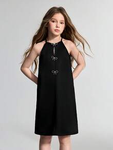 Maija Kids Maija Kids Tween Girl Woven Black Rhinestone Bow Decor Casual Cute Dress - Black - View 3