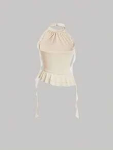 SHEIN MOD Haut Ajusté À Col Licou, Motif Floral 3d Vintage, Avec Rubans Flottants, Couleur Abricot - Nude - Voir 2