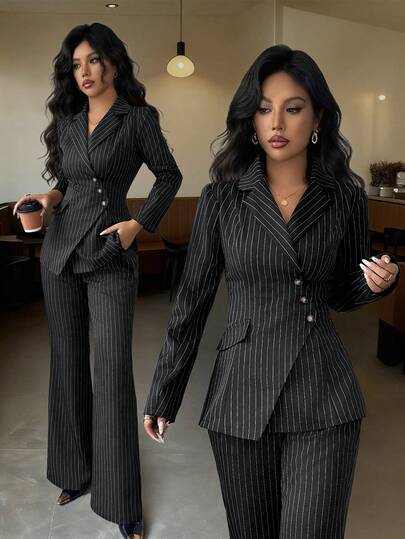 Elenzga Women's Striped Asymmetric Lapel Single Pocket Design Waist Cinched Elegant Professional Blazer And Loose Flared Pants Two Pieces Suit, Suitable For Work, Teacher Outfit, Autumn/Winter