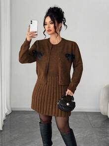 Elenzga Women's Elegant Sleeveless Dress With Long Sleeve Cardigan,Loose Fit Plus Size Knit Sweater Set,Brown Autumn Everyday Back-To-School Outerwear Dress - Coffee Brown - View 3
