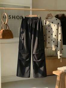 SHEIN Pantalones casuales de unicolor para niñas preadolescentes - Negro - Ver 6
