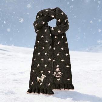 Anime 1pc Pink & Khaki Y2K Retro Cute Deer Pattern Double-Sided Print Warm Scarf, Fashion Minimalist Women Scarf Suitable For Daily Commute, School, Date, Shopping, Travel, Autumn/Winter