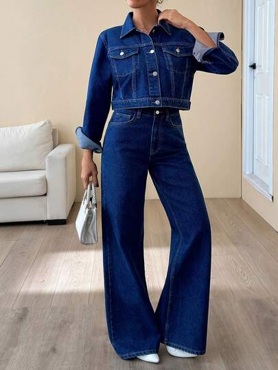 EURMUSE Jacket And Jean Two Pieces Set High Waist Denim Jean Crop Jacket 2 Piece Denim Set Women Womens Denim Set Denim Jacket And Jeans Set Jean 2 Piece Set Womens Denim