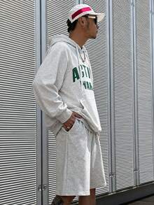 DAZY Spring Letter Print Hooded Sweatshirt Set For Men, Grey - Grey - View 4