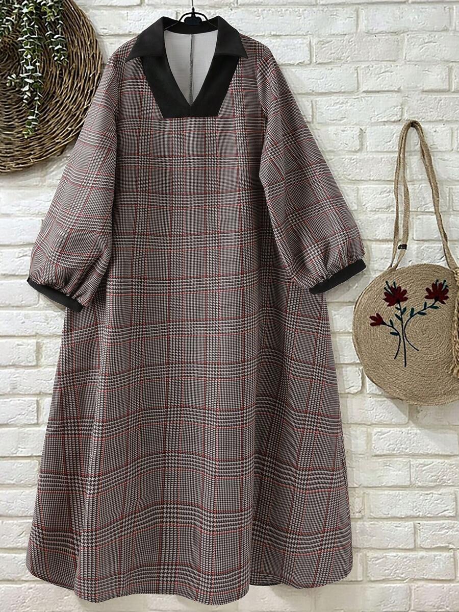 Chiquease 女士翻领灯笼袖千鸟格宽松休闲长裙 - 棕色 - 查看 1