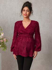 SHEIN 休闲纯色纹理灯笼袖衬衫，秋季 - 酒紅色 - 查看 5