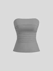 Sweetra 3件套女士纯色褶皱开衩设计休闲百搭抹胸上衣 - 彩色 - 查看 6