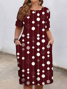 Mellowie Đầm dáng rộng cổ tròn in họa tiết dành cho nữ cỡ lớn, thích hợp cho kỳ nghỉ và tiệc tùng. - Màu Đỏ Sâu - Xem 1