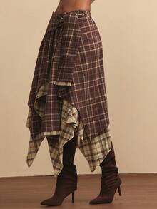 NYA SZN Skirt High Rise Loose Tie Knot Plaid Red Yellow Grunge Holiday Festive Winter Valentines Day Special Occasion Elegant Luxury Carnival Outfits For Women - Multicolor - View 6