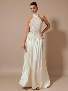 SHEIN BAE Váy dài hở lưng, hở vai, chất liệu satin, ren mơ gợi cảm, thanh lịch, sang trọng, dự tiệc cocktail - Màu be - Xem 1